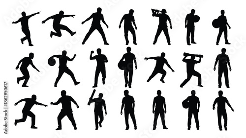 Collection of black silhouette figures depicting various human poses and actions