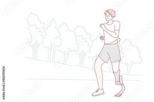 Smiling young man with prosthetic leg running in park. Happy disabled male with prosthesis jogging training outdoors. Disability and normal life. Vector illustration.