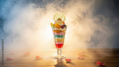 Colorful parfait with fruit topping