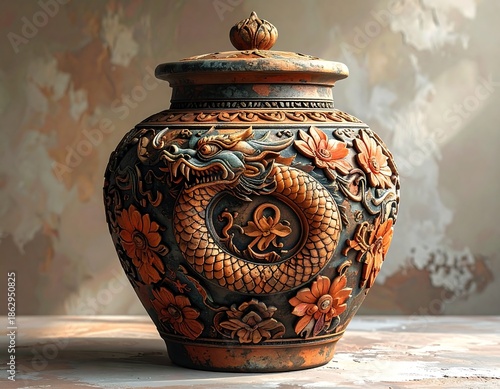 Ornate ceramic jar with dragon and floral carvings, lid atop