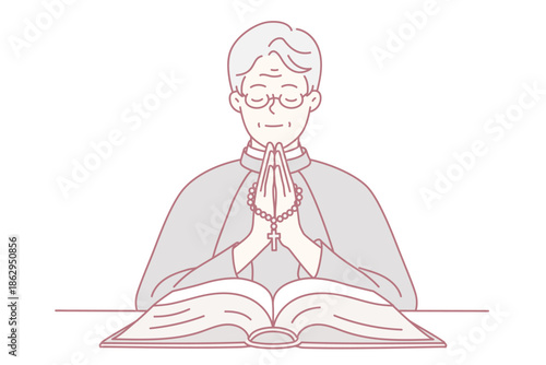 Elderly scholar praying over open book, peaceful pastel drawing of senior with glasses, hands clasped, pages spread on table, calm contemplative atmosphere conveying wisdom, quiet ritual