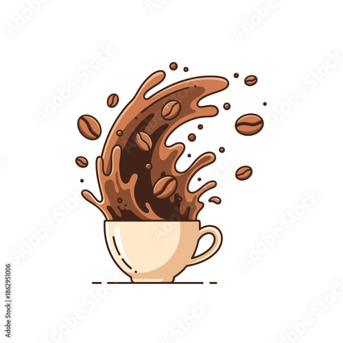 Dynamic Coffee Splash with Beans from Cup, Energetic Morning Drink
