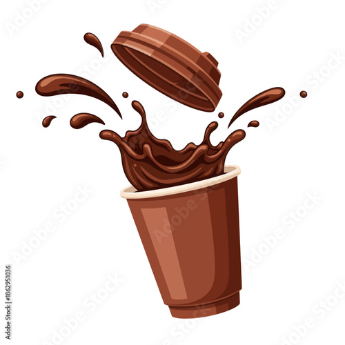 Chocolate Drink Splash Explosion from Coffee Cup with Lid Flying