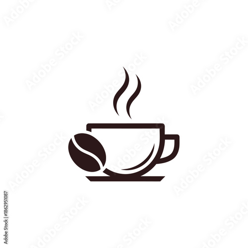Steaming Coffee Cup Icon with Coffee Bean - Minimalist Vector Art