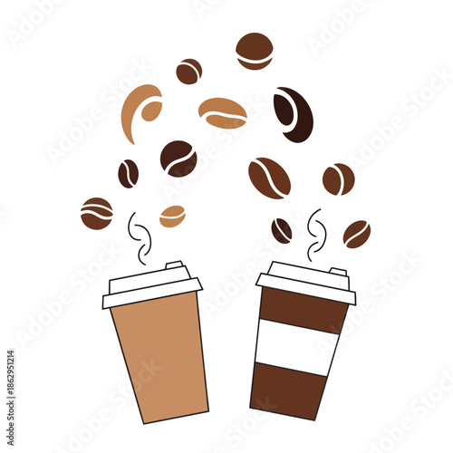 Two coffee cups with flying coffee beans, steam, and sprinkles, illustration, isolated on white