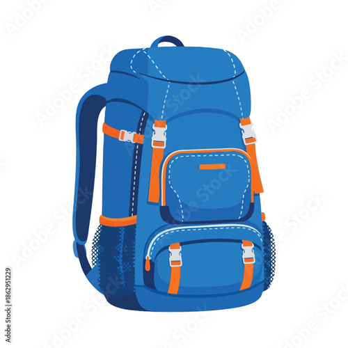 A blue and orange outdoor backpack, fully packed, ready for adventure on white background