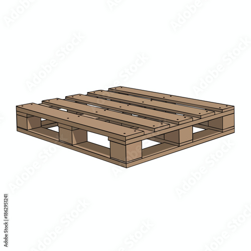 A wooden pallet, with parallel planks and rectangular supports, stands on a white background