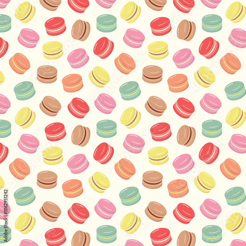 Cute seamless pattern with macarons. Colourful desserts vector illustration.