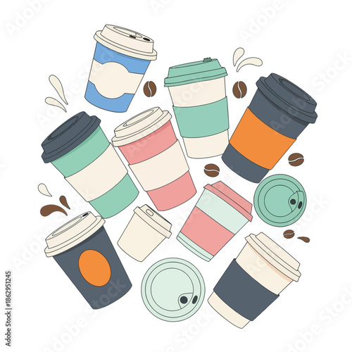Assorted Coffee Cups and Lids - Beverage Takeaway Collection