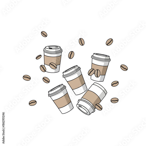Coffee Cups and Beans Illustration: Takeaway Drinks and Aromatic Coffee Beans