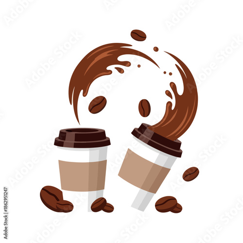 Two Coffee Cups with Splash and Beans