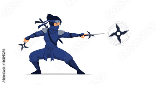 Female ninja warrior in a blue costume and mask, in a dynamic fighting pose throwing a shuriken star weapon.