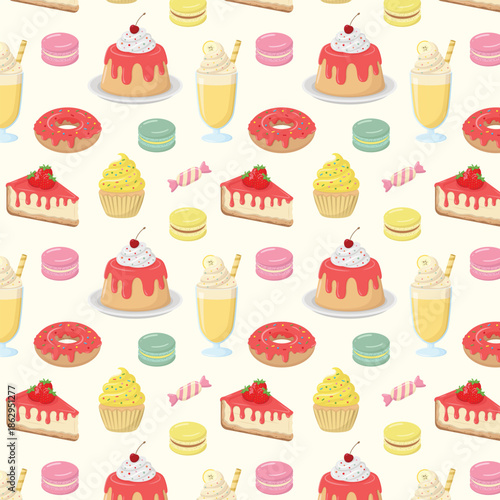Cute seamless pattern with cakes, donuts, candies, milkshakes and macarons. Colourful desserts vector illustration.