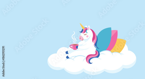 Cute unicorn with a colorful mane relaxing on a fluffy white cloud and enjoying a warm cup of coffee or tea.