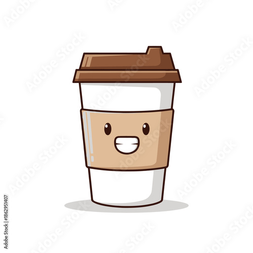 Cute Kawaii Coffee Cup Character with Happy Face, Vector Illustration
