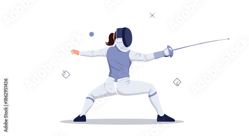 Female fencer in full white uniform and mask, holding an epee or foil sword in a classic en garde stance.