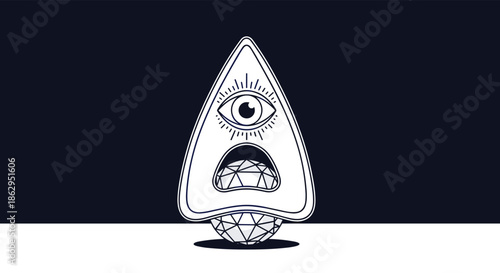 Mystical all-seeing eye of providence symbol inside a triangular shape with a mouth eating a crystal sphere.