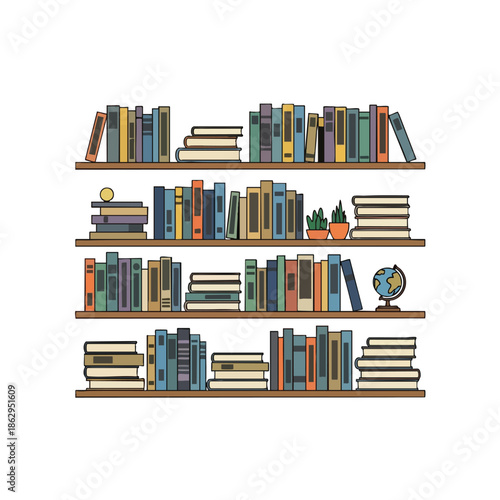 A cartoon illustration of a four-shelf bookcase filled with books, plants, and a globe