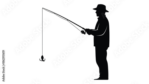 Silhouette of a fisherman casting a line with a visible fishhook