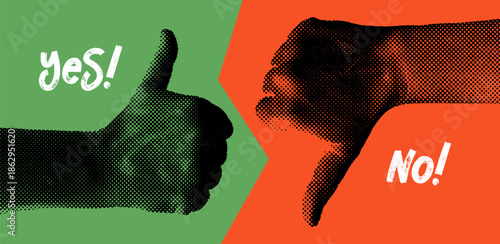 Thumbs up and thumbs down flat hand icons with halftone texture effect. Like and dislike hand gesture symbols set. Vector isolated on white background for UI, rating, feedback and social media design.