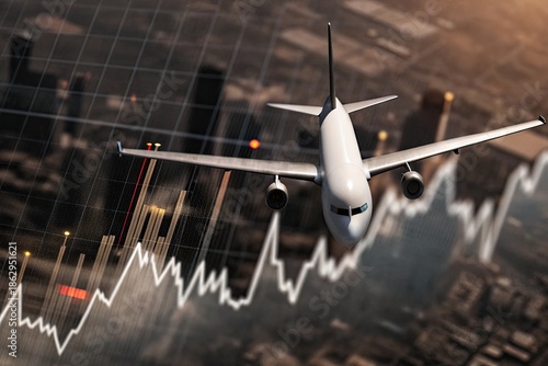 Airplane flying over financial graph showing economic growth and airline industry trends