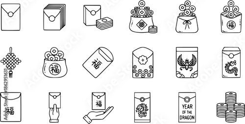 Chinese New Year Icons: Envelopes, Coins, Dragons, Lucky Knots