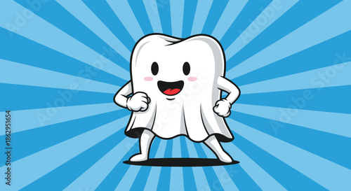 Cute cartoon tooth character wearing a white ghost or superhero cape, standing in a powerful and ready pose.