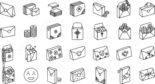 Chinese New Year Red Envelopes and Gifts Line Art Icons