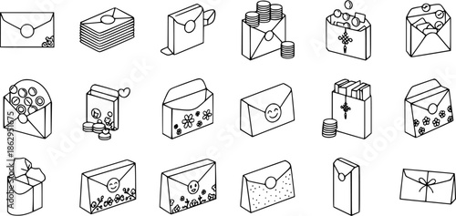Set of Hand-Drawn Line Art Icons of Envelopes, Money Packets, and Gift Cards