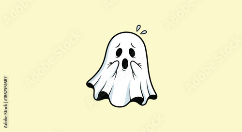 Cute cartoon ghost character looking scared and surprised with its hands on its cheeks on a solid yellow background.