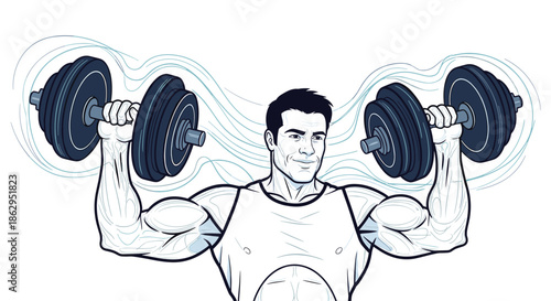 Strong muscular man lifting two heavy dumbbells, illustrating a fitness workout for bodybuilding and strength training.