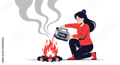 Woman adding fuel to a fire from a gas can, a metaphor for making a bad situation even worse or escalating conflict.