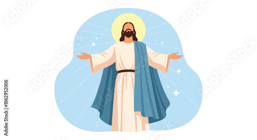 Illustration of Jesus Christ with open arms, a halo, and divine light rays shining, representing love and salvation.