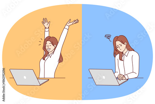 Woman freelancer experiences sudden mood swings and fatigue while working on project at laptop. Tired girl freelancer makes complex website, then joyfully raises hands up after completion