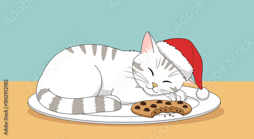 Cute white tabby cat wearing a Santa hat, sleeping peacefully on a plate next to a half-eaten chocolate chip cookie.