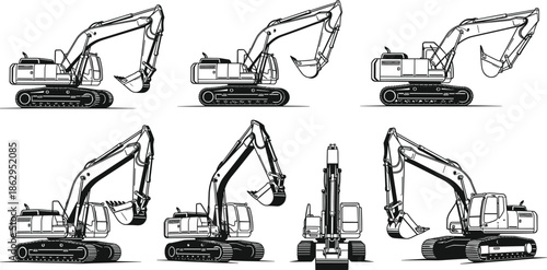 Excavator, Construction, Machinery, Equipment, Hydraulic, Bucket, Engineering, Mechanical, Industrial, Digger, Arm, Cabin, Tracks, Tool, Motion, Structure, Design, Vehicle, Machine, Illustration