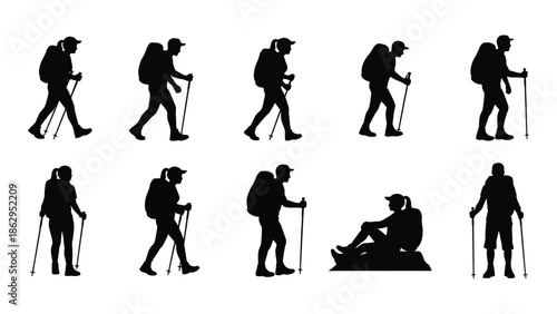 Silhouettes of hikers walking with backpacks and trekking poles in various poses
