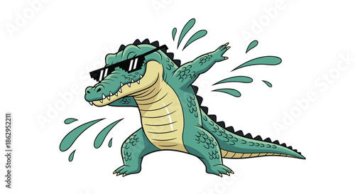 Cool cartoon alligator wearing sunglasses and doing the dab dance move with water splashing all around him.