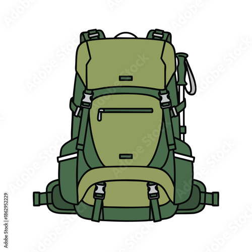 Illustrated, front-view depiction of a green and khaki hiking backpack with trekking poles