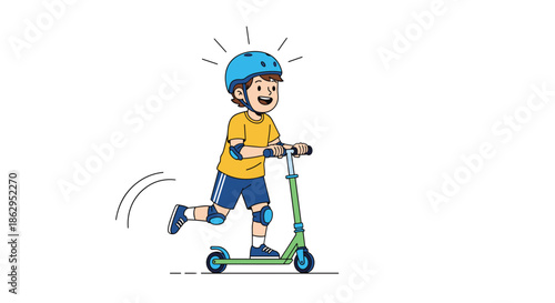 Happy little boy wearing a helmet and protective gear, safely riding and having fun on his green kick scooter.