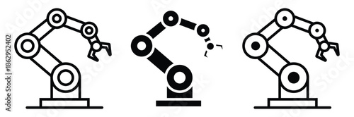 Robotic arms in various positions for industrial automation,Robotic hand manipulator silhouette symbol icon. Robot limb logo. Robot arm. automation, robot, CNC shape logo.