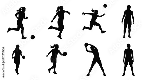 Silhouette collection of women in dynamic athletic poses and various sports actions