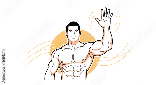 Handsome and muscular man with a six-pack, waving his hand with a friendly smile in a sketchy illustration style.