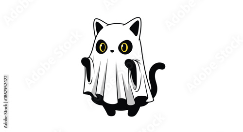Cute black cat with big yellow eyes wearing a white sheet as a ghost costume for a spooky Halloween party.