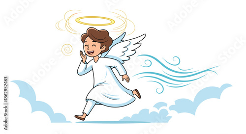 Happy little angel boy with a golden halo and white wings, running cheerfully on fluffy clouds in the sky.