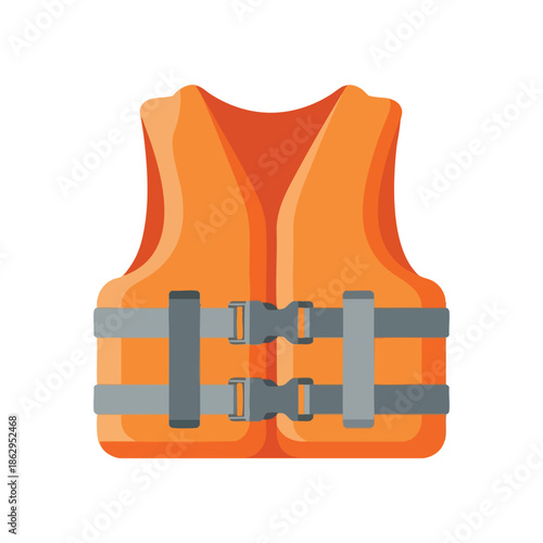 A flat, orange life vest with gray straps and buckles, isolated on white