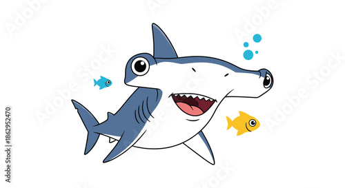 Cute and friendly cartoon hammerhead shark smiling happily while swimming in the ocean with little fish friends.