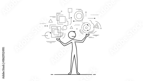 Stick figure person with outstretched arms visualizing abstract digital connections and complex data structures on an isolated white background.