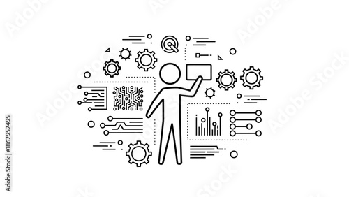 Stick figure person managing digital security and data with a mobile device, surrounded by network and analytics icons on an isolated white background.