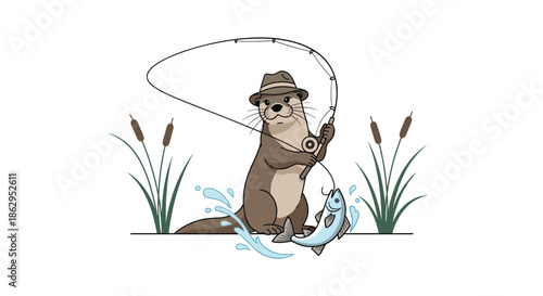 Cute cartoon otter wearing a fedora hat, successfully catching a big fish with a fishing rod while in the water.
